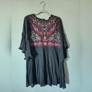 Umgee USA Black Dress with Multicolor Embroidery on Front Size Medium